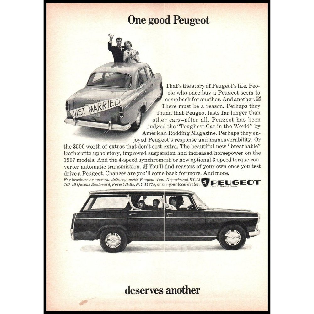1967 Peugeot Sedan and Wagon Vintage Print Ad Just Married Couple Wall Art